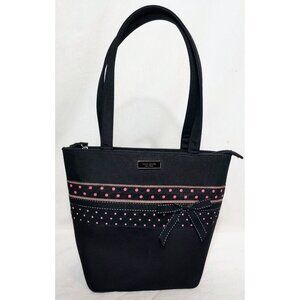 Kate Spade Black Nylon Tote Bag Purse Pink Polka Dot Ribbon Trim Bow